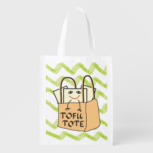 Funny Smiling Tote of TOFU Green Chevron Pattern