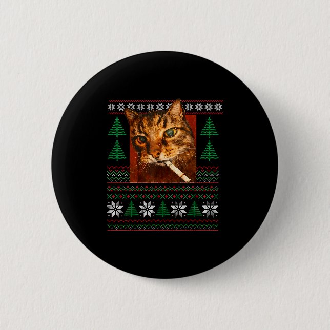 Funny Smoking Cat Meme Christmas Ugly  Button (Front)