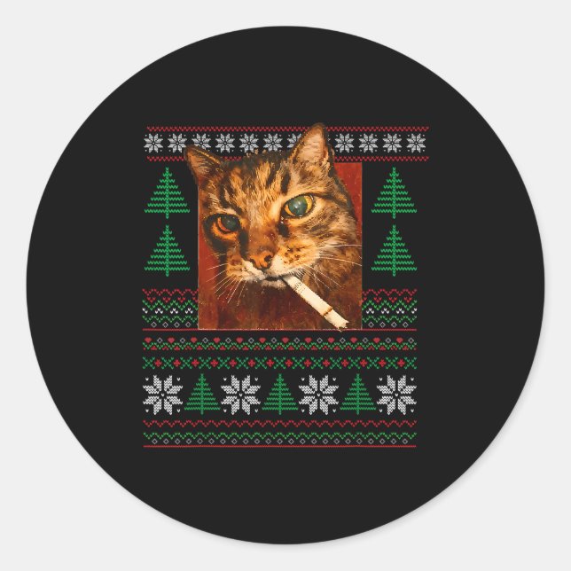 Funny Smoking Cat Meme Christmas Ugly  Classic Round Sticker (Front)