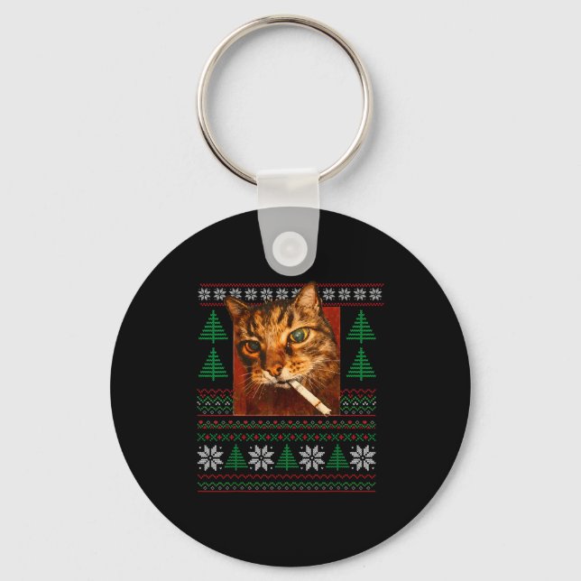 Funny Smoking Cat Meme Christmas Ugly  Keychain (Front)