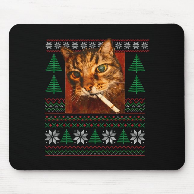 Funny Smoking Cat Meme Christmas Ugly  Mouse Pad (Front)