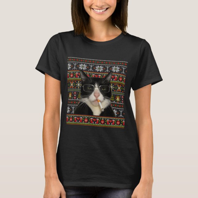 Funny Smoking Cat Meme Christmas Ugly Sweater Cat  (Front)
