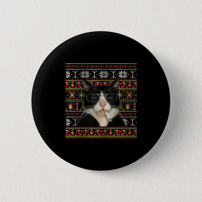 Funny Smoking Cat Meme Christmas Ugly Sweater Cat  Button (Front)