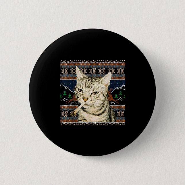 Funny Smoking Cat Meme Christmas Ugly Sweater Cat  Button (Front)