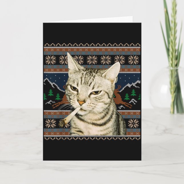 Funny Smoking Cat Meme Christmas Ugly Sweater Cat  Card (Front)