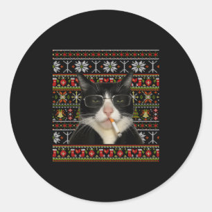 Funny Smoking Cat Meme Christmas Ugly Sweater Cat Classic Round Sticker