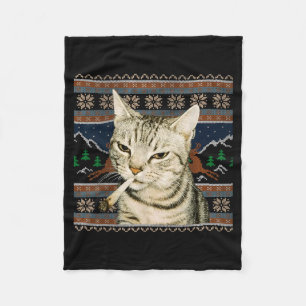 Funny Smoking Cat Meme Christmas Ugly Sweater Cat Fleece Blanket
