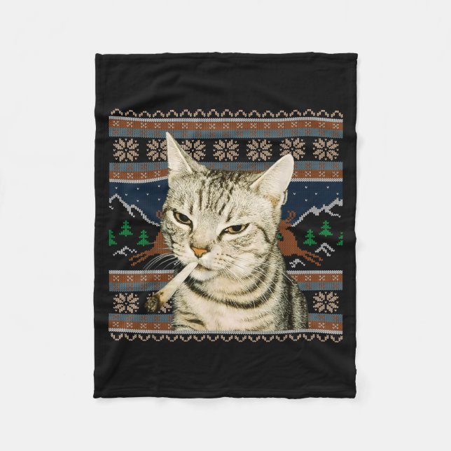 Funny Smoking Cat Meme Christmas Ugly Sweater Cat  Fleece Blanket (Front)