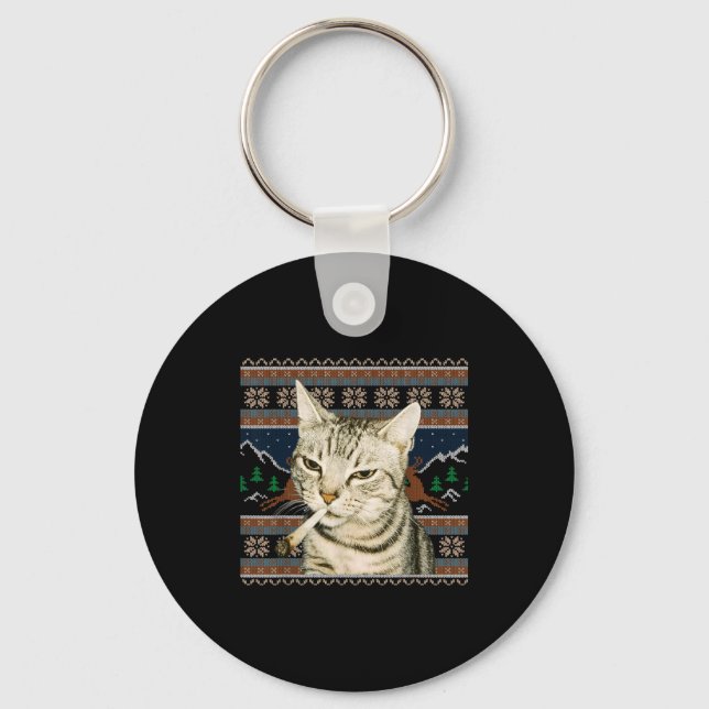 Funny Smoking Cat Meme Christmas Ugly Sweater Cat  Keychain (Front)