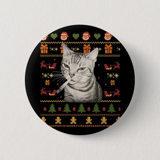 Funny Smoking Cat Meme Christmas Ugly Sweaters For Button (Front)