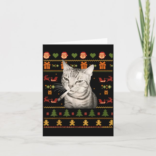 Funny Smoking Cat Meme Christmas Ugly Sweaters For Card (Front)