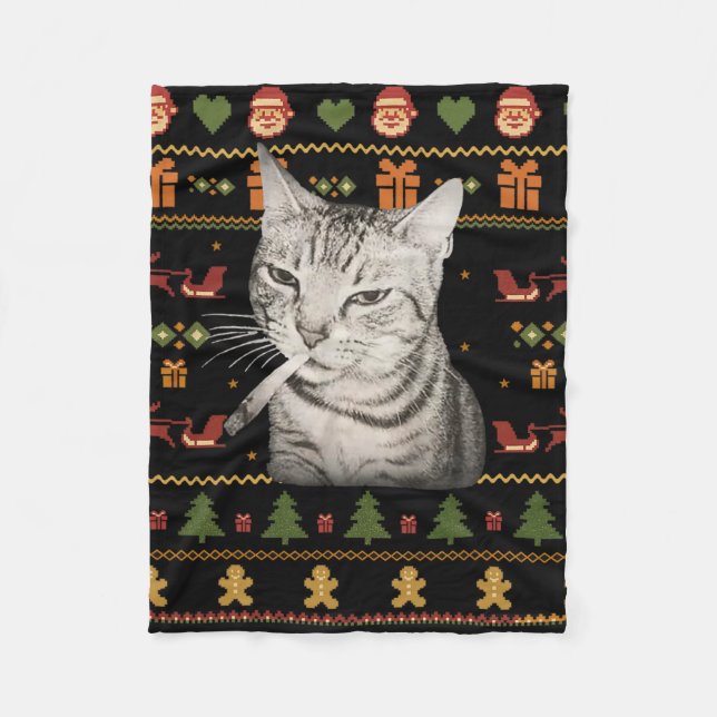 Funny Smoking Cat Meme Christmas Ugly Sweaters For Fleece Blanket (Front)