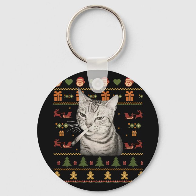 Funny Smoking Cat Meme Christmas Ugly Sweaters For Keychain (Front)