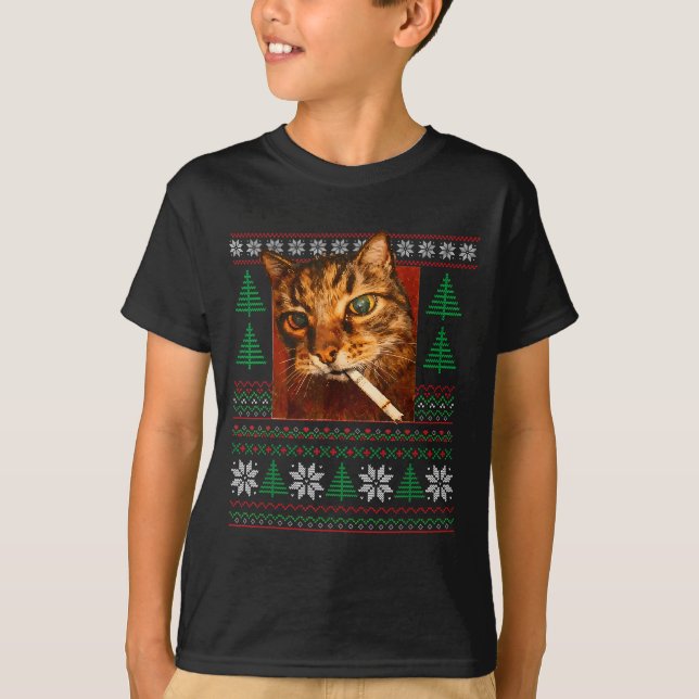 Funny Smoking Cat Meme Christmas Ugly  T-Shirt (Front)