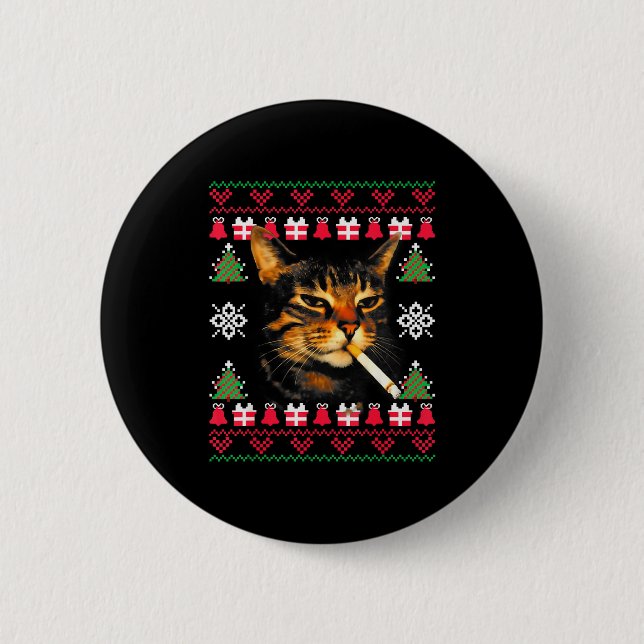 Funny Smoking Cat Meme Ugly Christmas Sweater For  Button (Front)