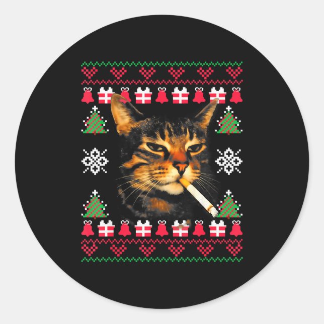 Funny Smoking Cat Meme Ugly Christmas Sweater For  Classic Round Sticker (Front)