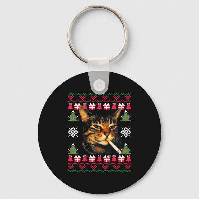 Funny Smoking Cat Meme Ugly Christmas Sweater For  Keychain (Front)