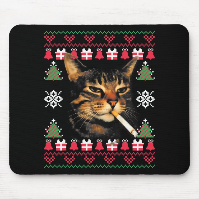 Funny Smoking Cat Meme Ugly Christmas Sweater For  Mouse Pad (Front)