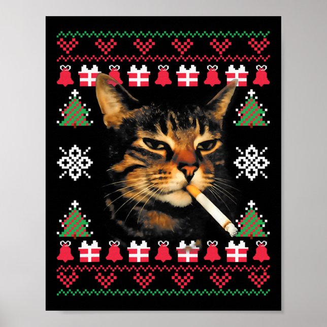 Funny Smoking Cat Meme Ugly Christmas Sweater For  Poster (Front)