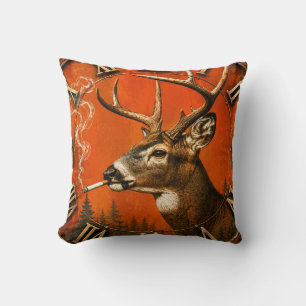 Funny Smoking Deer Rustic Hunting Cabin Throw Pillow