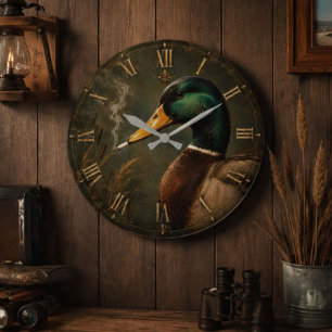 Funny Smoking Duck Hunter Cabin  Large Clock