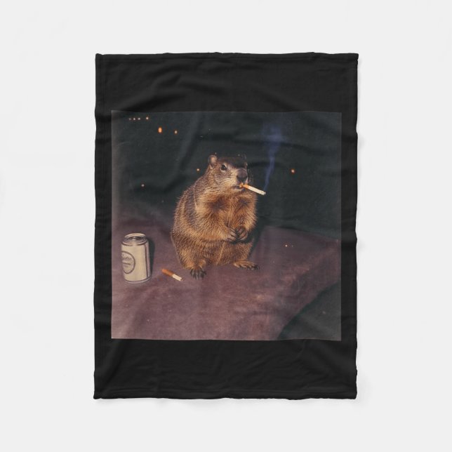 Funny Smoking Groundhog Cigarette Gen Z Retro Meme Fleece Blanket (Front)