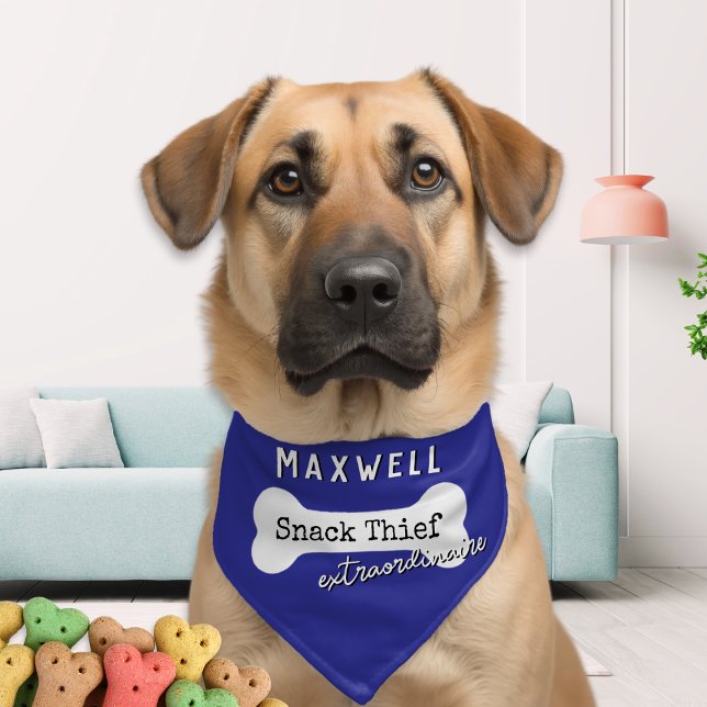 Funny Snack Thief Extraordinaire Dog Name on Bone Pet Bandana Collar (A funny dog bandana in blue with 'Snack Thief extraordinaire' caption, white bone and custom name)
