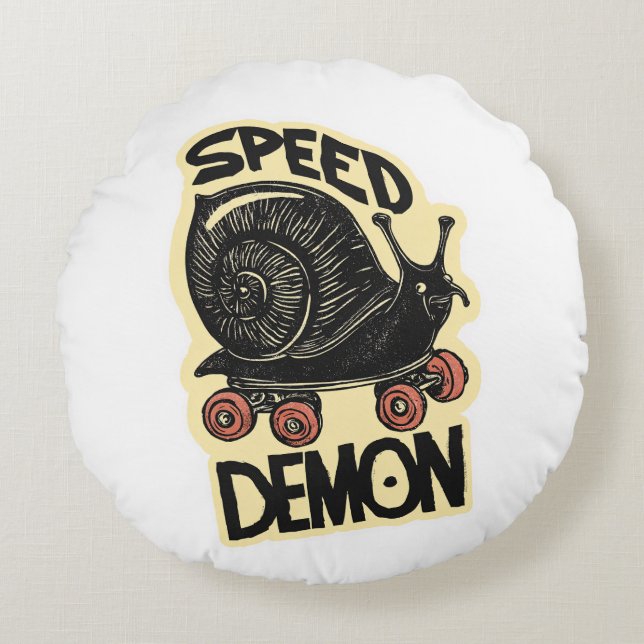 Funny Snail on Skateboard – Speed Demon Round Pillow (Front)