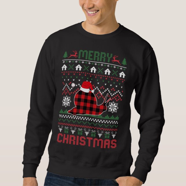 Funny Snail Ugly Christmas Red Plad Lights Sweater (Front)