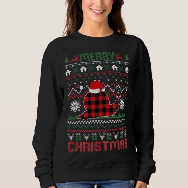 Funny Snail Ugly Christmas Red Plad Lights Sweater (Front)
