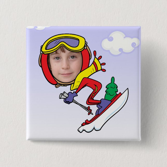 Funny Snow Skier Photo Face Template Pinback Button (Front)