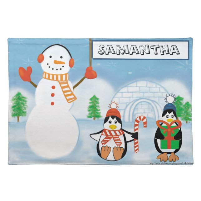 Funny Snowman and Penguins Kids Christmas Holiday Cloth Placemat (Front)