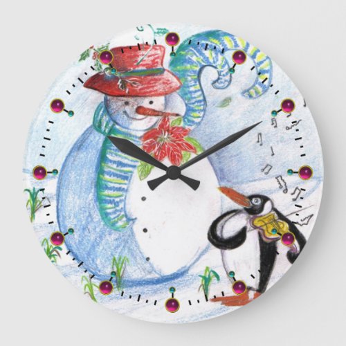 FUNNY SNOWMAN AND PENGUINS WINTER SERENADE LARGE CLOCK