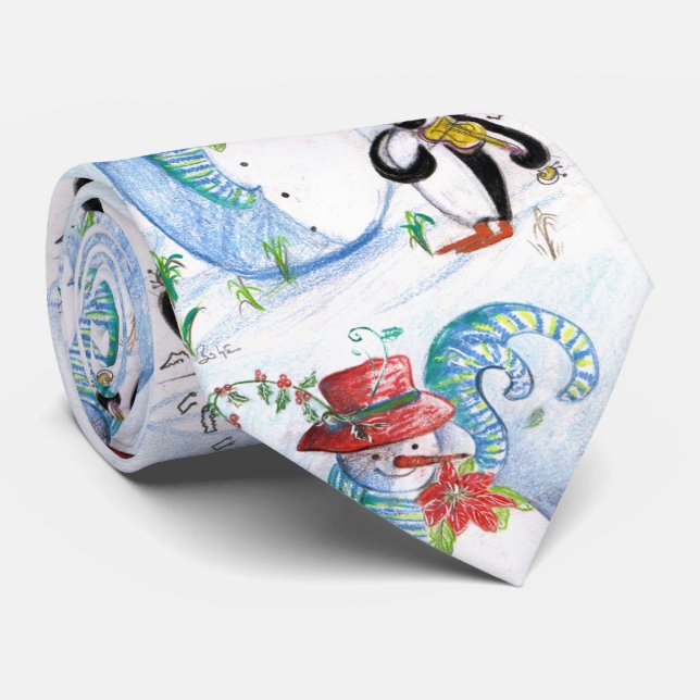 FUNNY SNOWMAN AND PENGUIN'S WINTER SERENADE NECK TIE (Rolled)