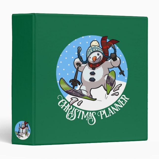 Funny Snowman Christmas Planner Skiing Cartoon 3 Ring Binder (Front/Spine)