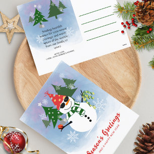 Funny Snowman Christmas Postcard with Pine Trees