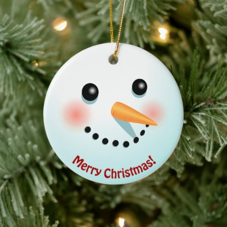 Funny Snowman Face With Carrot Nose Cartoon Ceramic Ornament