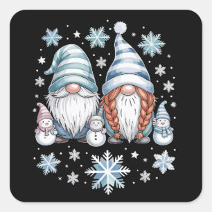 Funny Snowman Gnomies With Snowflakes Cute Winter Square Sticker