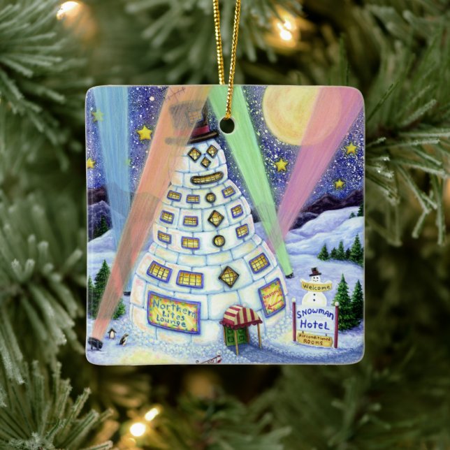 FUNNY SNOWMAN HOTEL, NORTHERN LIGHTS And PENGUINS Ceramic Ornament (Tree)