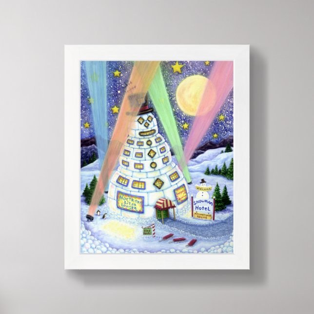 FUNNY SNOWMAN HOTEL, NORTHERN LIGHTS And PENGUINS Framed Art (Framed Front)
