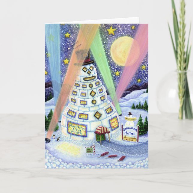 FUNNY SNOWMAN HOTEL, NORTHERN LIGHTS AND PENGUINS HOLIDAY CARD (Front)
