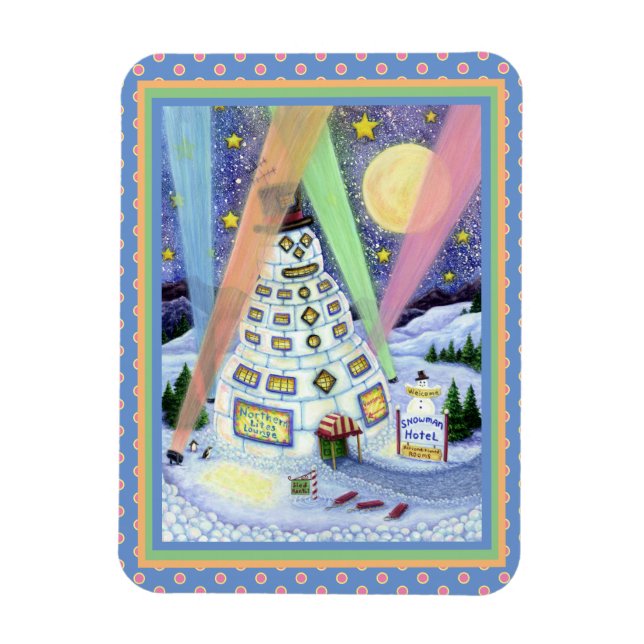 FUNNY SNOWMAN HOTEL, NORTHERN LIGHTS AND PENGUINS MAGNET (Vertical)