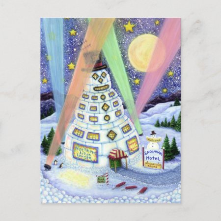 Funny Snowman Hotel, Northern Lights And Penguins Postcard