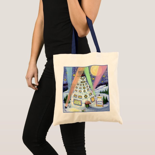 FUNNY SNOWMAN HOTEL, NORTHERN LIGHTS And PENGUINS Tote Bag (Front (Product))
