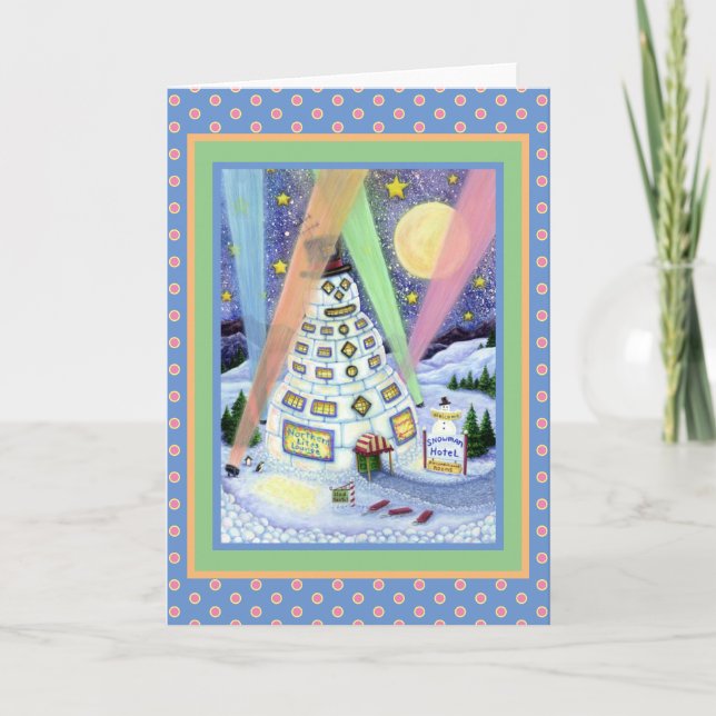 FUNNY SNOWMAN HOTEL, NORTHERN LIGHTS PENGUIN Blank Holiday Card (Front)