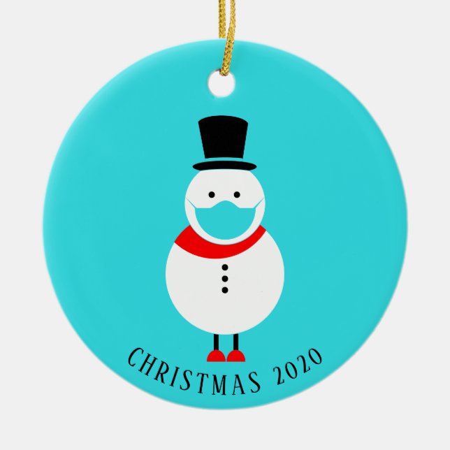 Funny Snowman in Face Mask Personalized Christmas Ceramic Ornament (Front)