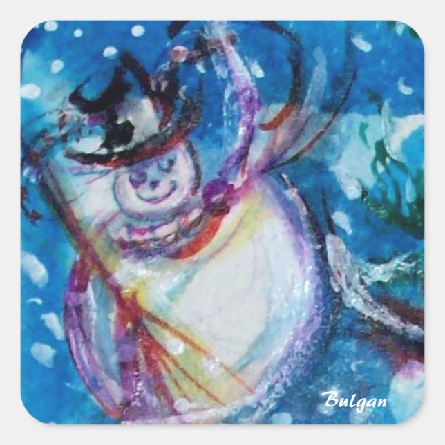 FUNNY SNOWMAN IN WINTER NIGHT SQUARE STICKER (Front)