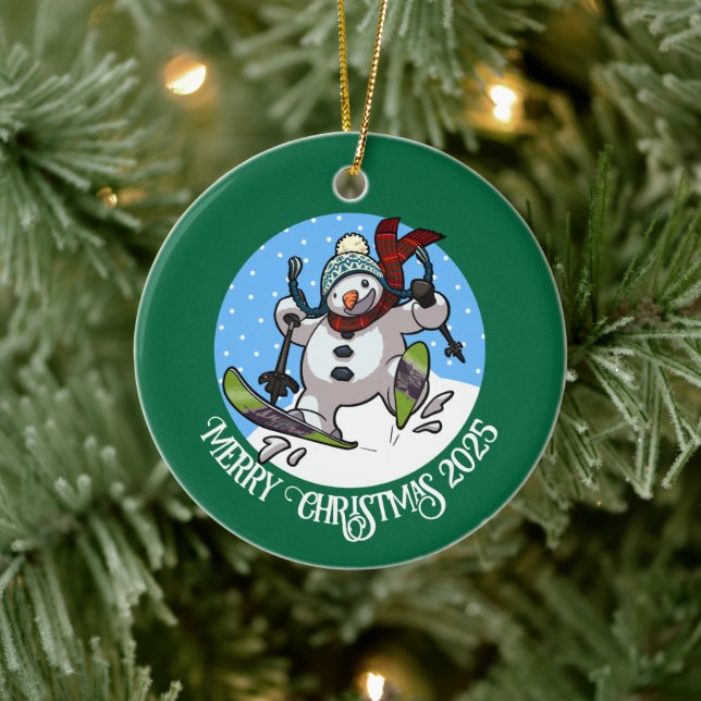 Funny Snowman Merry Christmas Add The Year Cartoon Ceramic Ornament (Tree)