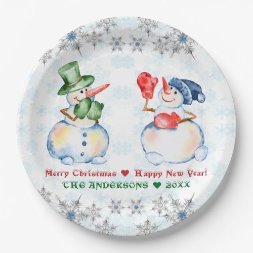Funny Snowman Merry Christmas Crystals Snowflakes Paper Plates