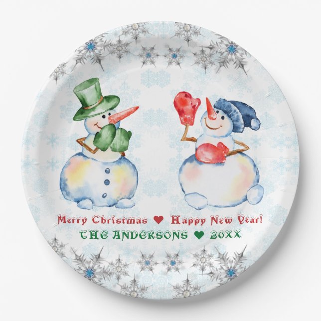 Funny Snowman Merry Christmas Crystals Snowflakes Paper Plates (Front)